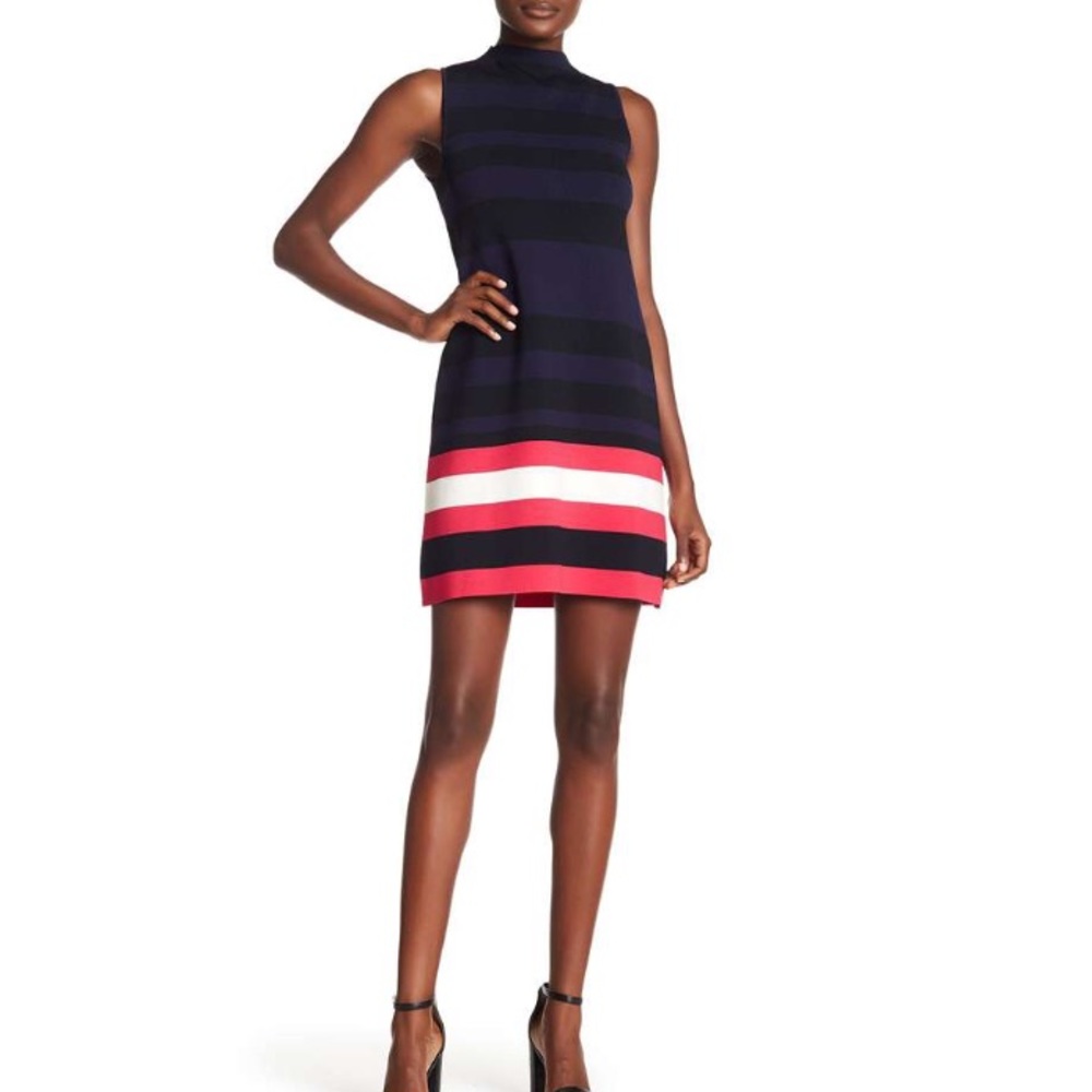 Eliza J Purple Black Striped High Neck Dress 14